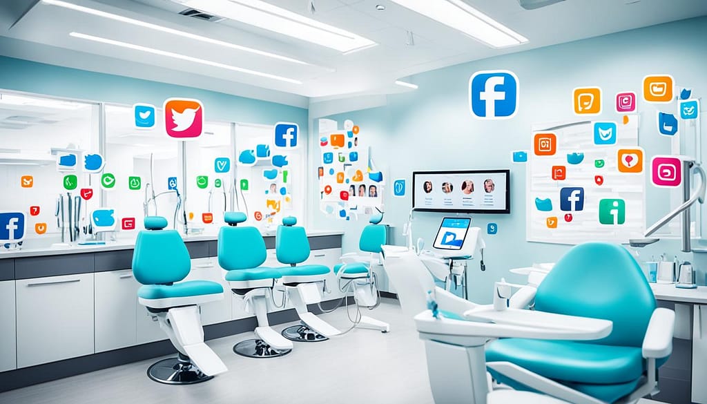 Bild på tandläkarstol och undersökning med logotyper från sociala medier. 